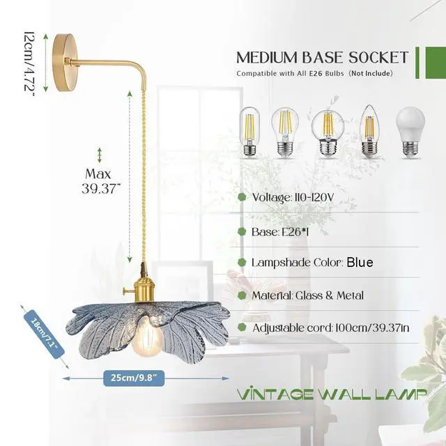 Alt view image 2 of 7 - Vintage Wall Sconce Light Fixture Adjustable Gold Brass Sconces Lights Bathroom Vanity Light Fixtures Blue Glass Flower Shade Hardwired Mid Century Modern Wall Lighting Vanity Light