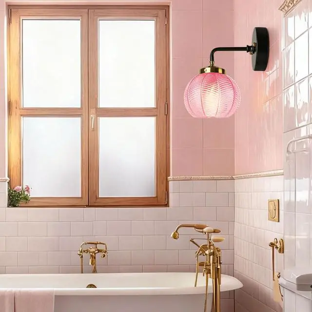 Alt view image 6 of 7 - Pink Glass Wall Light Fixtures Mid Century Bathroom Vanity Light with Ribbed Glass Shade Modern Art Deco Wall Sconce Black Vintage Vanity Lights Fixture Over Mirror Bedroom Hallway