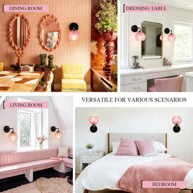 Alt view image 7 of 7 - Pink Glass Wall Light Fixtures Mid Century Bathroom Vanity Light with Ribbed Glass Shade Modern Art Deco Wall Sconce Black Vintage Vanity Lights Fixture Over Mirror Bedroom Hallway
