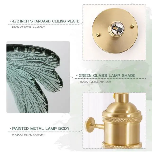 Alt view image 5 of 7 - Modern Semi-Flush Mount Light Fixture Dark Green Flower Ceiling Lamp | 33cm/12.99 Glass Shade,20cm Gold Brass Rod Finish,E26 Base,Vintage Fixture,Bedroom, Nursery, Master, Hallway, Entrance