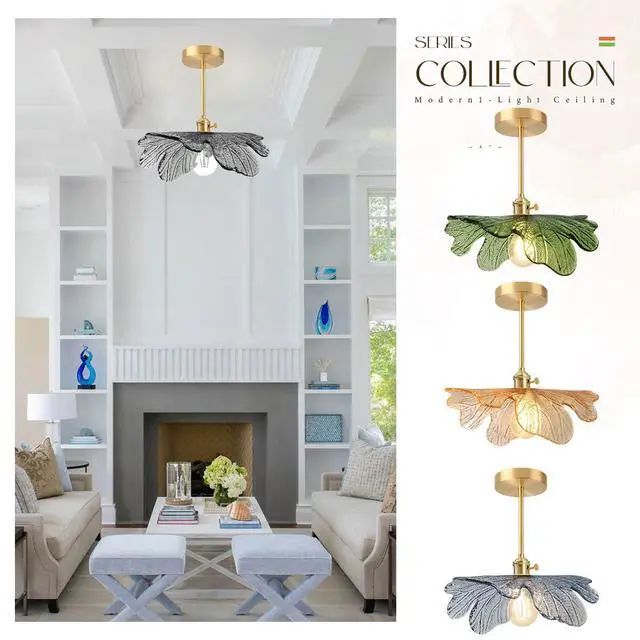 Alt view image 7 of 7 - Modern Semi-Flush Mount Light Fixture Dark Green Flower Ceiling Lamp | 33cm/12.99 Glass Shade,20cm Gold Brass Rod Finish,E26 Base,Vintage Fixture,Bedroom, Nursery, Master, Hallway, Entrance