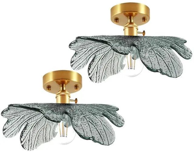 Main image of 2-Pack Vintage Flush Mount Ceiling Light Mid Century Modern Light Fixtures Dark Green Flower Glass Shade Gold Brass Ceiling Lamp Semi Flush Mount Light Fixture for Hallway Bedroom