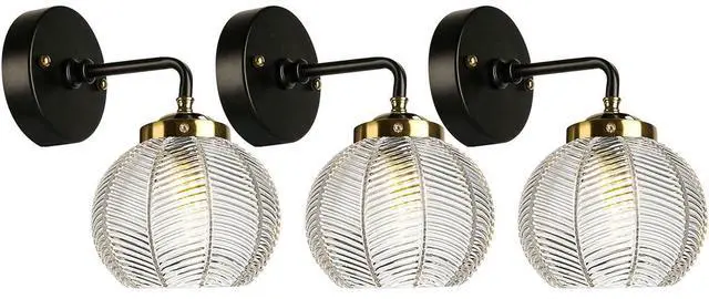 Main image of Glass Vanity Lights Vintage Gold Black Bathroom Vanity Lamp Over Mirror Mid Century Art Deco Wall Sconce Clear Ribbed Glass Shade Modern Bathroom Wall Lighting for Bedroom Hallway