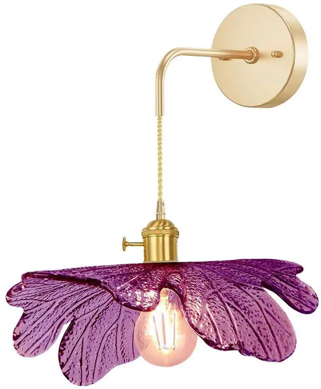 Main image of Vintage Wall Sconce Lamp Purple Flower Glass Shade Hanging Wall Sconces Lights Mid Century Modern Wall Light Fixture Gold Brass Wall Lighting Vanity Light for Bathroom Bedside Bedroom