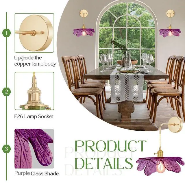Alt view image 3 of 7 - Vintage Wall Sconce Lamp Purple Flower Glass Shade Hanging Wall Sconces Lights Mid Century Modern Wall Light Fixture Gold Brass Wall Lighting Vanity Light for Bathroom Bedside Bedroom