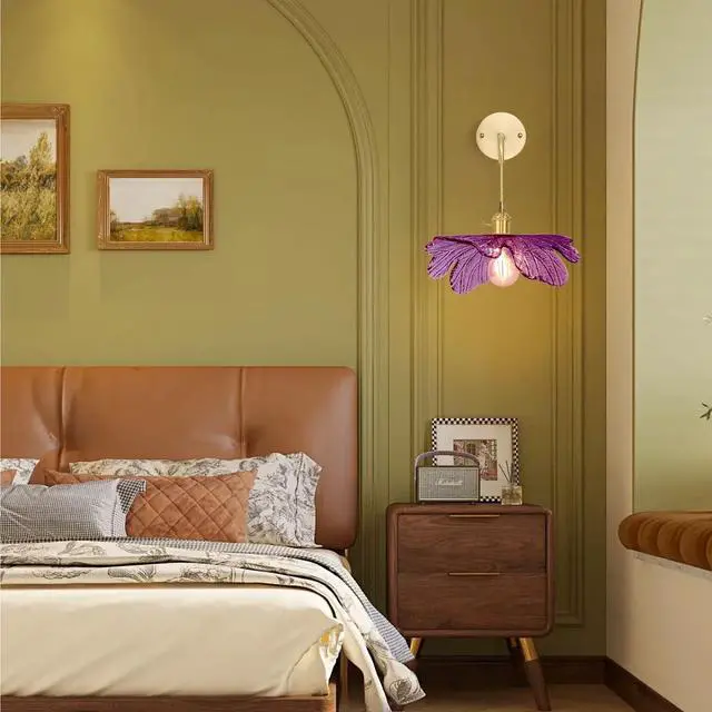 Alt view image 6 of 7 - Vintage Wall Sconce Lamp Purple Flower Glass Shade Hanging Wall Sconces Lights Mid Century Modern Wall Light Fixture Gold Brass Wall Lighting Vanity Light for Bathroom Bedside Bedroom