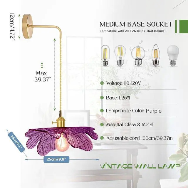 Alt view image 2 of 7 - Vintage Wall Sconce Lamp Purple Flower Glass Shade Hanging Wall Sconces Lights Mid Century Modern Wall Light Fixture Gold Brass Wall Lighting Vanity Light for Bathroom Bedside Bedroom