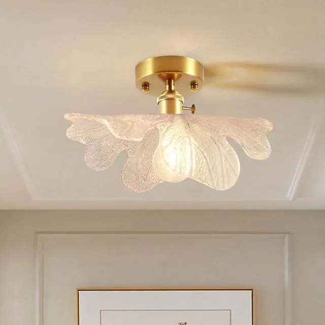 Alt view image 4 of 7 - Flower Flush Mount Ceiling Light Mid Century Modern Ceiling Light Fixtures with Clear Shade Brushed Gold Brass Entrance Lamp Vintage Semi Flush Mount Light Fixture for Hallway Bedroom