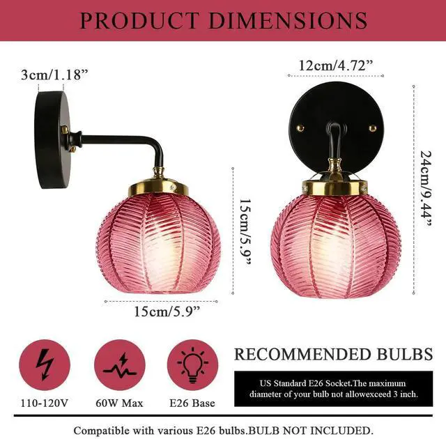 Alt view image 2 of 7 - 2-Lamp Bathroom Wall Sconce Vintage Vanity Light Industrial Modern Sconces Red Globe Glass Shade Black Gold Vanity Light Retro Single Wall Lights Bathroom Over Mirror Lights Fixtures