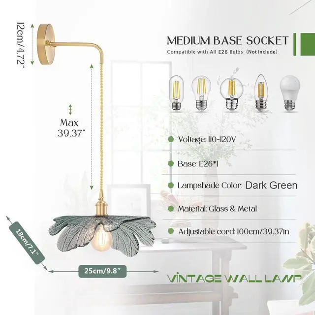 Alt view image 2 of 7 - Hanging Sconces Vintage Wall Sconce Light Dark Green Glass Flower Modern Bathroom Vanity Lights Antique Gold Brass Wall Lamp Adjustable Wall Lighting Bedroom Hardwired Light Fixture