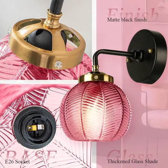 Alt view image 3 of 7 - 2-Lamp Bathroom Wall Sconce Vintage Vanity Light Industrial Modern Sconces Red Globe Glass Shade Black Gold Vanity Light Retro Single Wall Lights Bathroom Over Mirror Lights Fixtures
