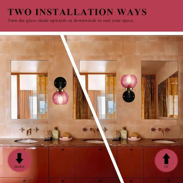 Alt view image 4 of 7 - 2-Lamp Bathroom Wall Sconce Vintage Vanity Light Industrial Modern Sconces Red Globe Glass Shade Black Gold Vanity Light Retro Single Wall Lights Bathroom Over Mirror Lights Fixtures