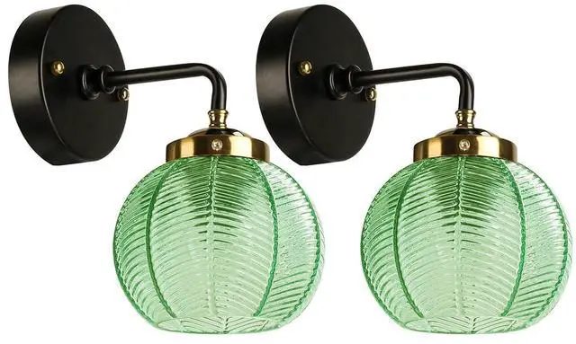 Main image of Glass Wall sconces Bathroom Vanity Lighting fixtures - Emerald Green Ribbed Glass Shade, Black Gold Vanity Lights fixtures Swanky Boho Vintage Wall Lamp Bedroom Above Mirror Lights