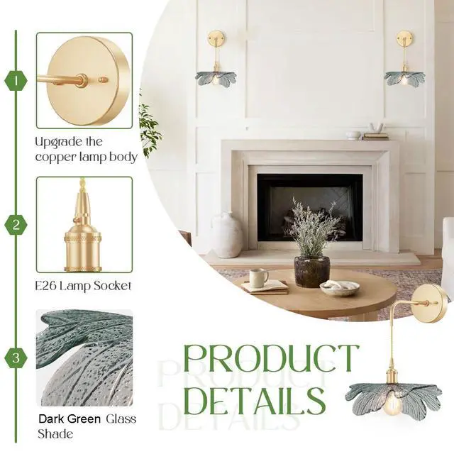 Alt view image 3 of 7 - Hanging Sconces Vintage Wall Sconce Light Dark Green Glass Flower Modern Bathroom Vanity Lights Antique Gold Brass Wall Lamp Adjustable Wall Lighting Bedroom Hardwired Light Fixture
