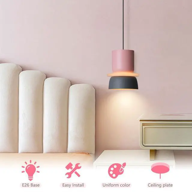 Alt view image 5 of 7 - Color Pendant Light Nordic Pendant Lights Mid Century Modern Hanging Lamp Navy Blue Pink Macaron Color Barn Shade Vintage Colorful Pendant Lighting Kitchen Island Dining Bedroom