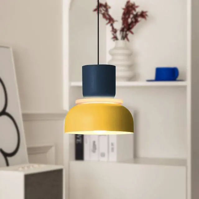 Alt view image 6 of 7 - 2-Lights Mid Century Pendant Light Kitchen Window Nordic Hanging Lights Yellow Colorful Drum Shade Unique Aluminum Dome Lampshade Adjustable Pendant Lighting Schoolhouse Light Fixture
