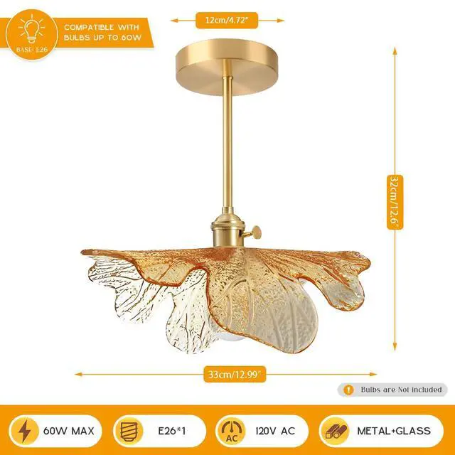 Alt view image 2 of 7 - Amber Semi Flush Mount Ceiling Light Fixtures Flower Glass Shade | D12.99"*H12.6" Mid Century Modern Gold Brass 1-Light Ceiling Fixture ,E26 Base,Farmhouse ,Kitchen ,Foyer ,Hallway,Porch