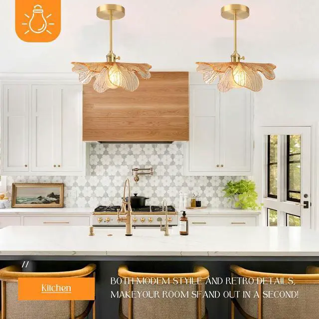 Alt view image 3 of 7 - Amber Semi Flush Mount Ceiling Light Fixtures Flower Glass Shade | D12.99"*H12.6" Mid Century Modern Gold Brass 1-Light Ceiling Fixture ,E26 Base,Farmhouse ,Kitchen ,Foyer ,Hallway,Porch