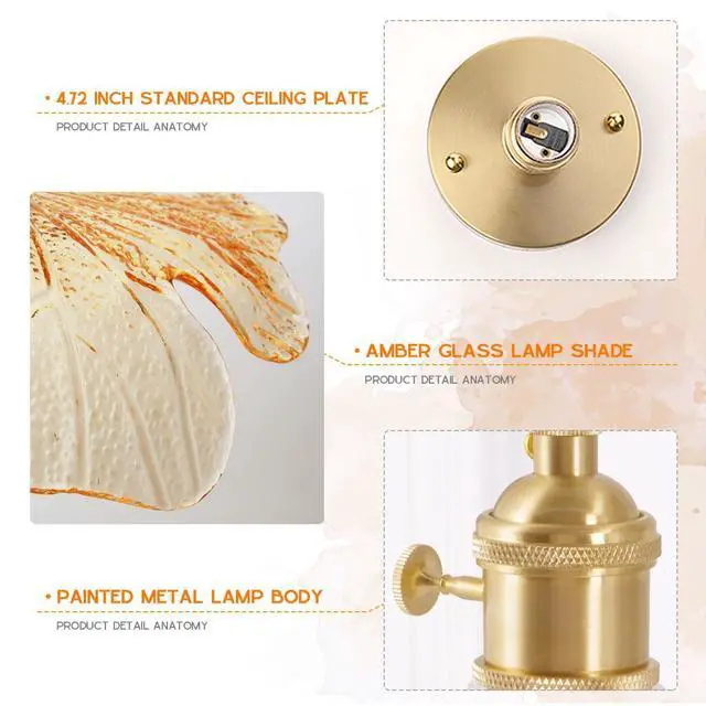 Alt view image 3 of 7 - Large Flush Mount Ceiling Light Amber Glass Light Brushed Brass Mid Century Modern Light Fixture for Hallway Gold Ceiling Lights Glass Close to Ceiling Lights for Bedroom Kitchen Porch