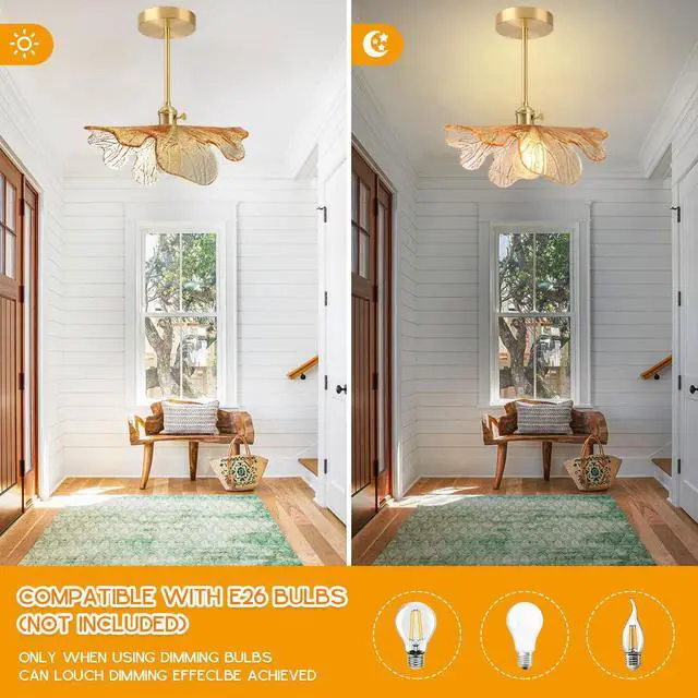 Alt view image 4 of 7 - Amber Semi Flush Mount Ceiling Light Fixtures Flower Glass Shade | D12.99"*H12.6" Mid Century Modern Gold Brass 1-Light Ceiling Fixture ,E26 Base,Farmhouse ,Kitchen ,Foyer ,Hallway,Porch