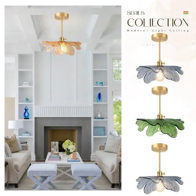Alt view image 7 of 7 - Amber Semi Flush Mount Ceiling Light Fixtures Flower Glass Shade | D12.99"*H12.6" Mid Century Modern Gold Brass 1-Light Ceiling Fixture ,E26 Base,Farmhouse ,Kitchen ,Foyer ,Hallway,Porch