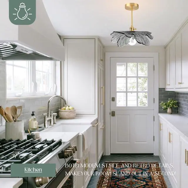 Alt view image 3 of 7 - Semi Flush Mount Light Fixture 12.99" Hallway Ceiling Light Fixture | Gray Flower Glass Shade,20cm Gold Brass Rod Finish,E26 Base,Vintage Modern Style,Bedroom, Nursery, Master, Kitchen, Entrance