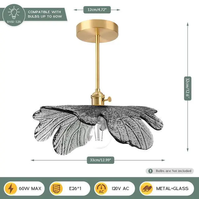 Alt view image 2 of 7 - Semi Flush Mount Light Fixture 12.99" Hallway Ceiling Light Fixture | Gray Flower Glass Shade,20cm Gold Brass Rod Finish,E26 Base,Vintage Modern Style,Bedroom, Nursery, Master, Kitchen, Entrance