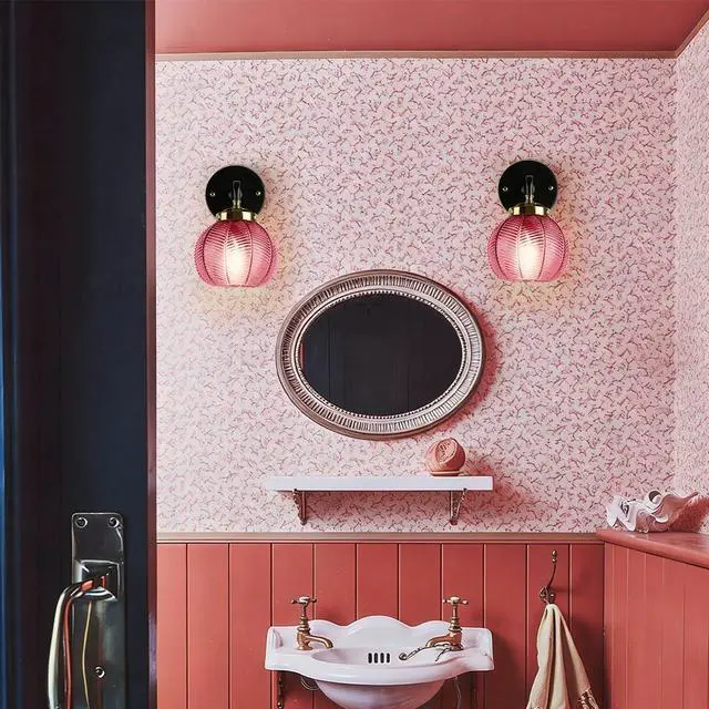 Alt view image 5 of 7 - 2-Lamp Bathroom Wall Sconce Vintage Vanity Light Industrial Modern Sconces Red Globe Glass Shade Black Gold Vanity Light Retro Single Wall Lights Bathroom Over Mirror Lights Fixtures