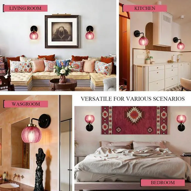 Alt view image 7 of 7 - 2-Lamp Bathroom Wall Sconce Vintage Vanity Light Industrial Modern Sconces Red Globe Glass Shade Black Gold Vanity Light Retro Single Wall Lights Bathroom Over Mirror Lights Fixtures