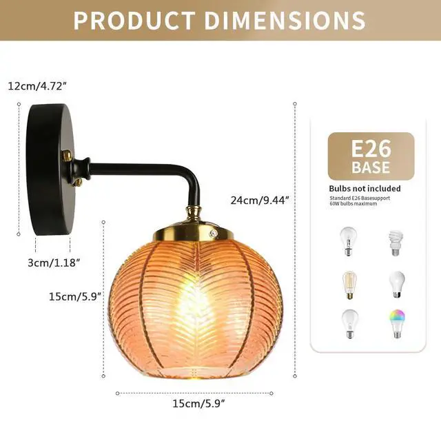 Alt view image 2 of 7 - Mid Century Vanity Light Black Sconce Amber Art Deco Vanity Lights for Bathroom Boho Vintage Bathroom Light fixtures Mid Century Wall Sconce Vanity Light Ribbed Glass Globe Lamp Shade