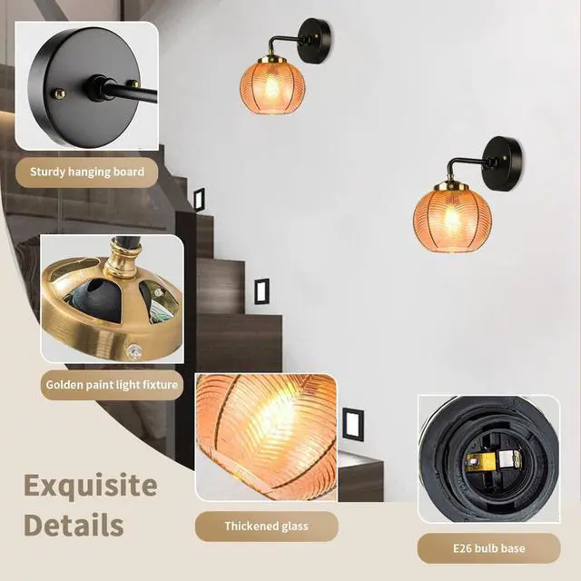 Alt view image 3 of 7 - Mid Century Vanity Light Black Sconce Amber Art Deco Vanity Lights for Bathroom Boho Vintage Bathroom Light fixtures Mid Century Wall Sconce Vanity Light Ribbed Glass Globe Lamp Shade