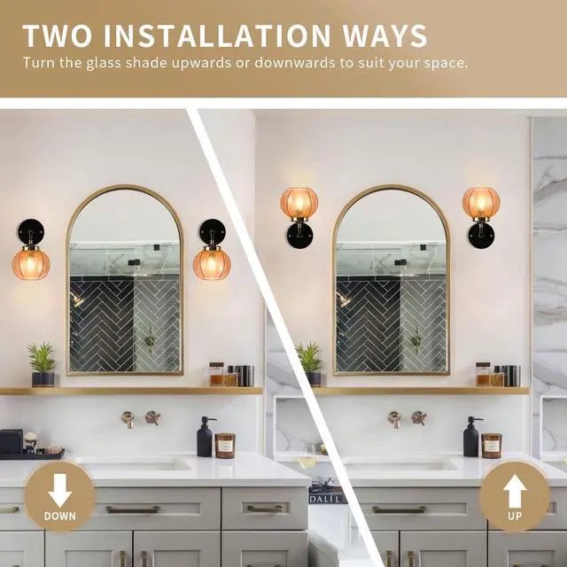 Alt view image 4 of 7 - Mid Century Vanity Light Black Sconce Amber Art Deco Vanity Lights for Bathroom Boho Vintage Bathroom Light fixtures Mid Century Wall Sconce Vanity Light Ribbed Glass Globe Lamp Shade