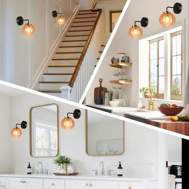 Alt view image 5 of 7 - Mid Century Vanity Light Black Sconce Amber Art Deco Vanity Lights for Bathroom Boho Vintage Bathroom Light fixtures Mid Century Wall Sconce Vanity Light Ribbed Glass Globe Lamp Shade