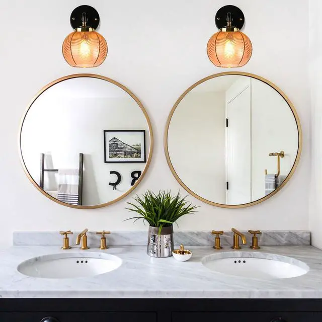 Alt view image 6 of 7 - Mid Century Vanity Light Black Sconce Amber Art Deco Vanity Lights for Bathroom Boho Vintage Bathroom Light fixtures Mid Century Wall Sconce Vanity Light Ribbed Glass Globe Lamp Shade