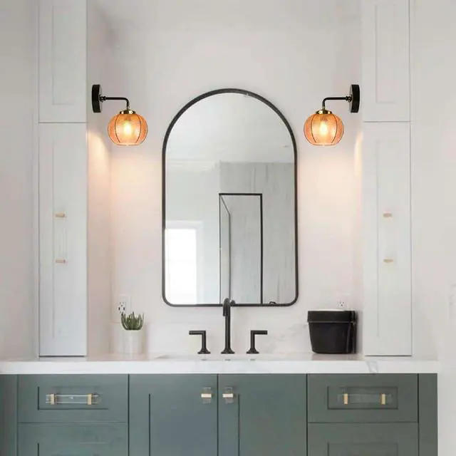 Alt view image 7 of 7 - Mid Century Vanity Light Black Sconce Amber Art Deco Vanity Lights for Bathroom Boho Vintage Bathroom Light fixtures Mid Century Wall Sconce Vanity Light Ribbed Glass Globe Lamp Shade