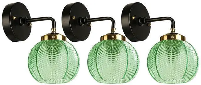 Main image of Glass Globe Bathroom Lighting Fixture OverMirror Emerald Green Shade | 3-Pack Black Gold Sconce Vintage Mid Century,15cm/5.9 Ribbed Glass Ball Shade,E26 Base,Bedroom,Hallway,Living Room,Farmhouse