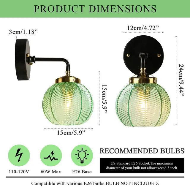 Alt view image 2 of 7 - Glass Wall sconces Bathroom Vanity Lighting fixtures - Emerald Green Ribbed Glass Shade, Black Gold Vanity Lights fixtures Swanky Boho Vintage Wall Lamp Bedroom Above Mirror Lights