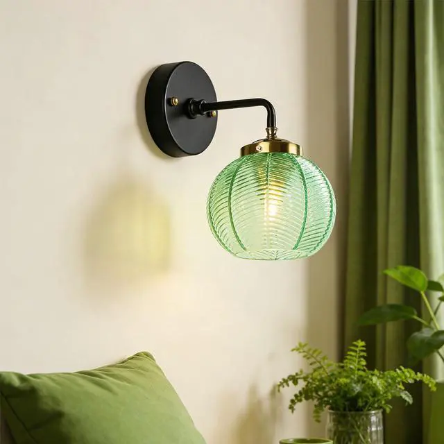 Alt view image 4 of 7 - Glass Wall sconces Bathroom Vanity Lighting fixtures - Emerald Green Ribbed Glass Shade, Black Gold Vanity Lights fixtures Swanky Boho Vintage Wall Lamp Bedroom Above Mirror Lights
