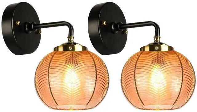 Main image of Mid Century Vanity Light Black Sconce Amber Art Deco Vanity Lights for Bathroom Boho Vintage Bathroom Light fixtures Mid Century Wall Sconce Vanity Light Ribbed Glass Globe Lamp Shade