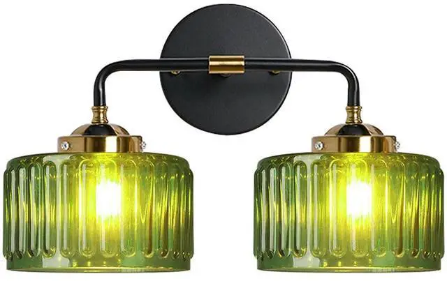 Main image of Bathroom Light fixtures Mid Century Wall Sconce 2-Lights with Green Striped Shade Glass Wall Mount Light Modern Vanity Lights for Over Mirror Bedroom Hallway Overhead