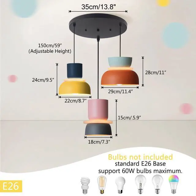 Alt view image 2 of 7 - Nordic Modern Pendant Light Macaron Color Mid Century Hanging Light Fixture with Aluminum Shade Colorful Chandelier Ceiling Pendant Lights for Dining Room Kitchen (3-Light)