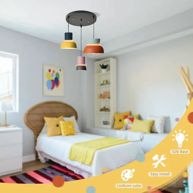 Alt view image 5 of 7 - Nordic Modern Pendant Light Macaron Color Mid Century Hanging Light Fixture with Aluminum Shade Colorful Chandelier Ceiling Pendant Lights for Dining Room Kitchen (3-Light)