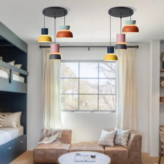 Alt view image 7 of 7 - Nordic Modern Pendant Light Macaron Color Mid Century Hanging Light Fixture with Aluminum Shade Colorful Chandelier Ceiling Pendant Lights for Dining Room Kitchen (3-Light)