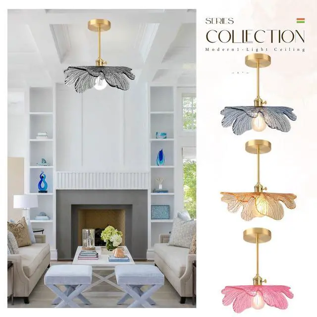 Alt view image 7 of 7 - Semi Flush Mount Light Fixture 12.99" Hallway Ceiling Light Fixture | Gray Flower Glass Shade,20cm Gold Brass Rod Finish,E26 Base,Vintage Modern Style,Bedroom, Nursery, Master, Kitchen, Entrance