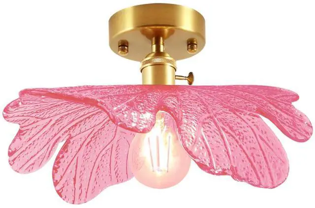 Main image of Pink Flush Mount Ceiling Light - Flower Glass Shade Mid Century Modern Ceiling Light Fixtures Gold Brass Close to Lamp Vintage Semi Flush Mount Light Fixture for Hallway Closet Bedroom
