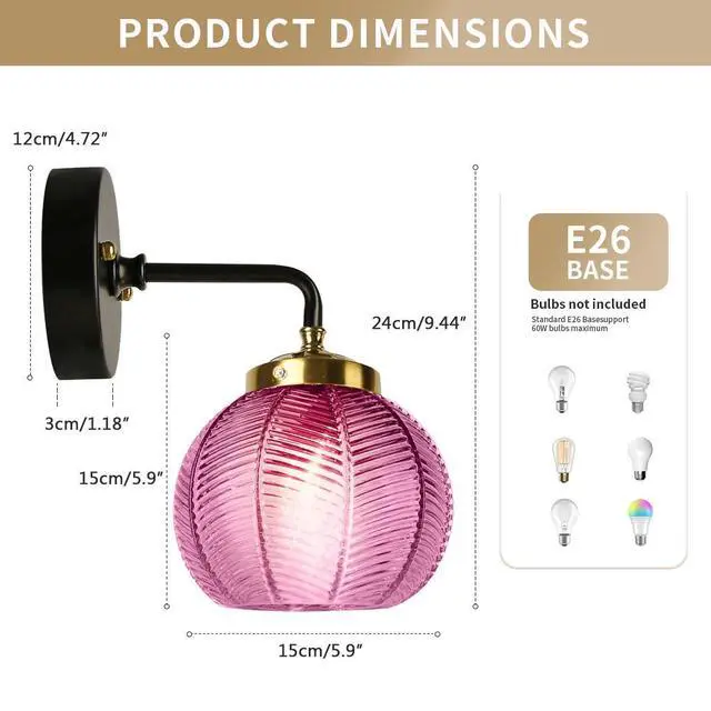 Alt view image 2 of 7 - 3-Pack Ribbed Glass Sconces Purple Wall Light Pumpkin Vanity Lights | Mid Century Modern Bathroom Sconce Art Deco Vanity Light 15cm/5.9 Globe Shade Black Gold Fixture Mirror Bedroom Doorway Bath