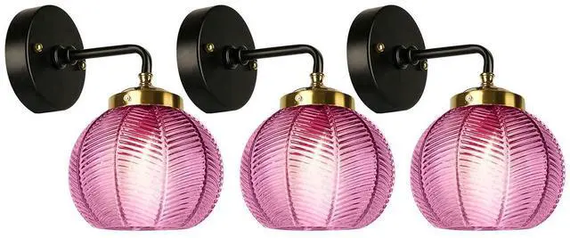 Main image of 3-Pack Ribbed Glass Sconces Purple Wall Light Pumpkin Vanity Lights | Mid Century Modern Bathroom Sconce Art Deco Vanity Light 15cm/5.9 Globe Shade Black Gold Fixture Mirror Bedroom Doorway Bath