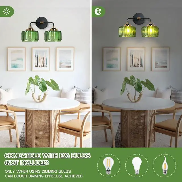 Alt view image 4 of 7 - Bathroom Light fixtures Mid Century Wall Sconce 2-Lights with Green Striped Shade Glass Wall Mount Light Modern Vanity Lights for Over Mirror Bedroom Hallway Overhead