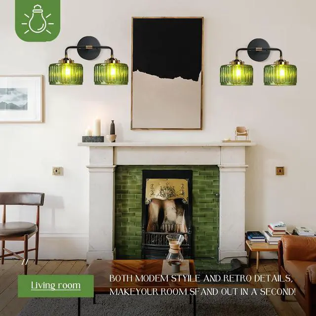 Alt view image 6 of 7 - Bathroom Light fixtures Mid Century Wall Sconce 2-Lights with Green Striped Shade Glass Wall Mount Light Modern Vanity Lights for Over Mirror Bedroom Hallway Overhead