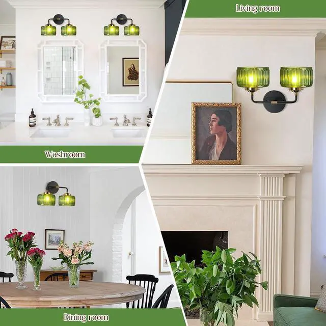 Alt view image 7 of 7 - Bathroom Light fixtures Mid Century Wall Sconce 2-Lights with Green Striped Shade Glass Wall Mount Light Modern Vanity Lights for Over Mirror Bedroom Hallway Overhead